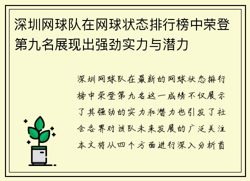 深圳网球队在网球状态排行榜中荣登第九名展现出强劲实力与潜力