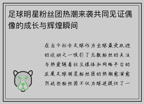 足球明星粉丝团热潮来袭共同见证偶像的成长与辉煌瞬间